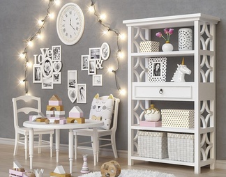 儿童房置物架桌椅玩具墙饰钟彩灯置物架组合