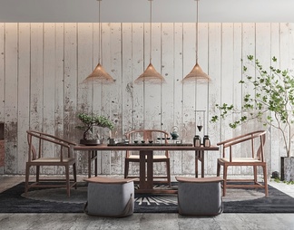 茶室 茶具组合 柜子 桌椅 植物组合 吊灯
