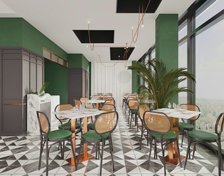 咖啡厅 吊灯 桌椅 装饰品 绿植