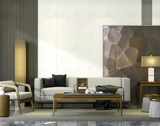 客厅 沙发茶几组合 圆凳 台灯 装饰画
