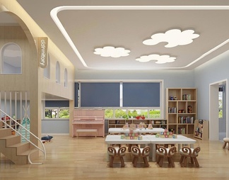 幼儿园 幼儿园活动室 桌椅 楼梯 书柜 衣柜 玩具 共享空间 云朵灯