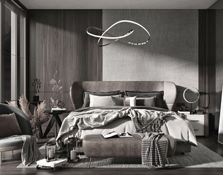 卧室 双人床 床尾凳 吊灯 床头柜 椅子 床品摆件 毯子
