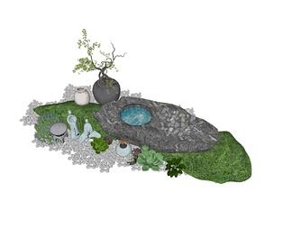 惊鹿水钵组合 水景 庭院小品 惊鹿水钵组合 水景 庭院小品SU模型下载【ID:746001】