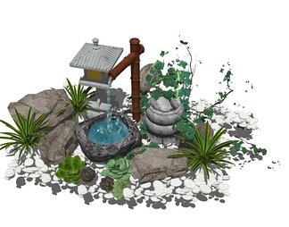 惊鹿水钵组合 水景 庭院小品 惊鹿水钵组合 水景 庭院小品SU模型下载【ID:746004】