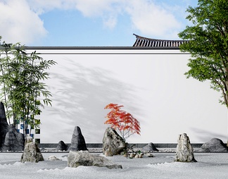 景观庭院石头，竹子