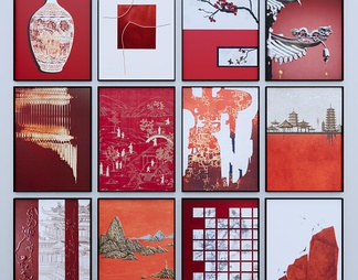 中国红装饰挂画组合