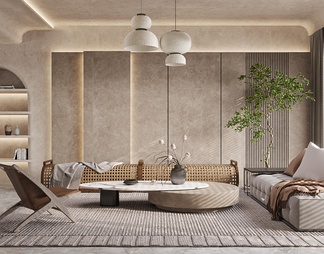 客厅 沙发茶几组合 绿植 客厅吊灯 藤编沙发 装饰摆件 休闲椅