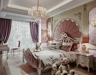 粉色女儿房，公主床，梳妆台，吊灯，壁灯，床头柜，玩偶