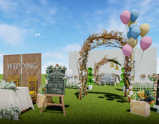 户外草坪婚礼 室外婚礼场景 婚礼美陈 气球 植物拱门 婚礼签到处