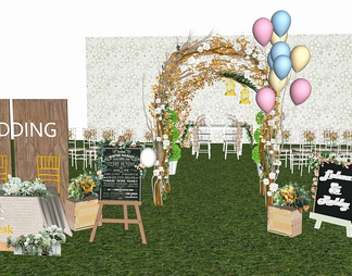 户外草坪婚礼 室外婚礼场景 婚礼美陈 气球 植物拱门 婚礼签到处