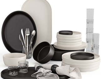 厨房黑白碗碟餐具组合