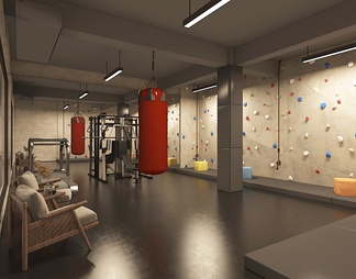 健身房 健身器材 攀岩墙 跑步机 力量器 沙袋 塑胶地板  沙发茶几 吊灯 硬包