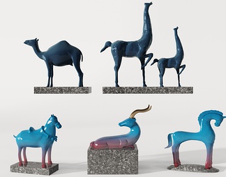 蓝色陶瓷马 鹿 骆驼 雕塑摆件饰品