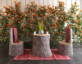 户外木桩 桌椅 开花植物