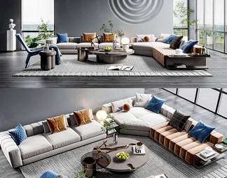 沙发茶几组合，单人休闲椅组合，绿植，饰品摆件