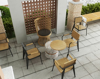 户外桌椅组合，桁架，廊架，植物，木质椅子组合，户外休闲椅，亭子，凉亭