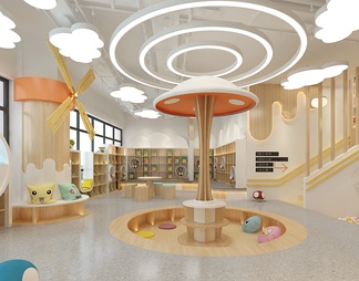儿童阅览室 造型书柜 白云灯 蘑菇造型阅读区 休闲桌椅组合 滑滑梯