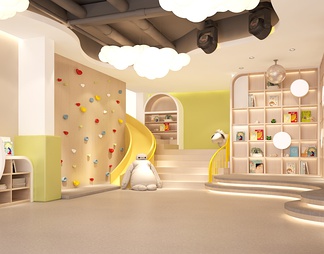 幼儿园大厅 服务台 气球 造型书柜 滑滑梯 攀岩墙 玩具