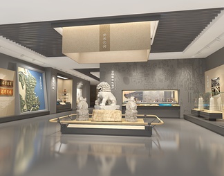 非物质文化遗产展厅 石狮子 互动触摸一体机 文物展示柜 文物