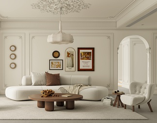 客厅 沙发 单椅 茶几 窗帘 地毯 书架 饰品 挂画