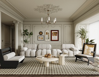 客厅 沙发 单椅 茶几 窗帘 地毯 书架 饰品 挂画