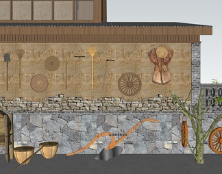 乡村农用具景观小品展示墙 风车 农用工具 老物件工具