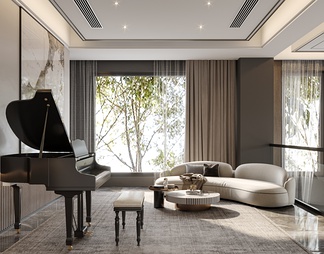 家居钢琴休闲区  沙发茶几  钢琴  装饰小件