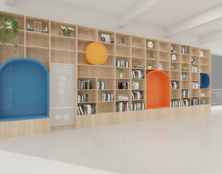 校园文化长廊 休闲装饰书柜 绿植 休闲沙发凳 装饰柜 城市剪影