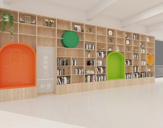校园文化长廊 休闲装饰书柜 绿植 绿化造型剪影墙 休闲桌椅组合 储物柜