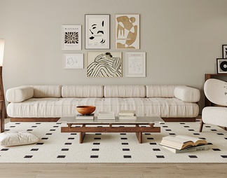 客厅 沙发 单椅 茶几 电视背景墙 窗帘 地毯 书架 饰品
