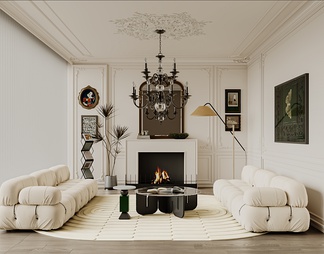 客厅 沙发 单椅 茶几窗帘 地毯 书架 饰品 吊灯雕塑 壁炉