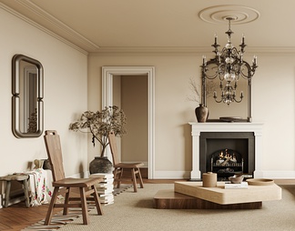 客厅 沙发 单椅 茶几 窗帘 地毯  饰品 吊灯 挂画 雕塑 壁炉