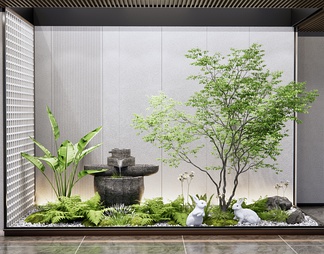 庭院植物小品 植物造景 室内景观小品 蕨类植物 景观树 水钵 小兔雕塑