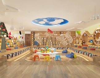 少儿阅览室 卡通桌椅组合 造型书柜 积木玩具 云朵吊灯