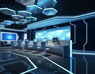 科技安全展厅 LED拼接大屏 办公桌椅组合 台式电脑