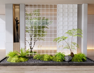 植物景观造景 庭院小品 装饰性玄关 蕨类植物 乔木 苔藓 雕塑摆件 玻璃隔断