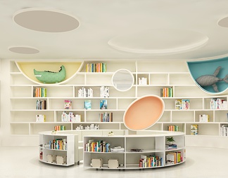 少儿阅览室 造型书柜 圆形中岛书柜 毛绒玩具