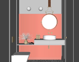 卫生间，浴室柜，马桶，浴室镜，花瓶花艺，壁灯