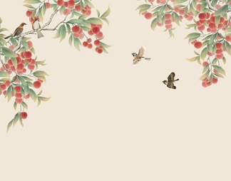 华琴壁画-工笔花鸟荔枝图案