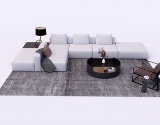 沙发组合，茶几，休闲椅，艺术台灯，布艺沙发，条纹地毯
