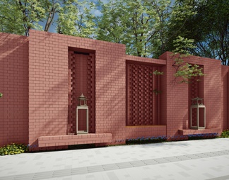 复古红砖文化镂空景墙小品