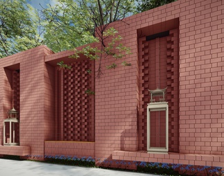 复古红砖文化镂空景墙小品