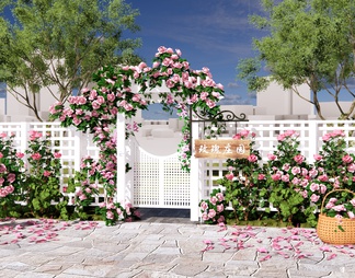 庭园花园景观 玫瑰花园 玫瑰庄园 小院门 木院门 爬藤蔷薇