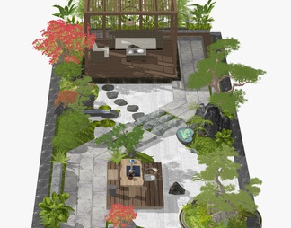 庭院花园 枯山水 景观石 松树 植物 开花植物 庭院小品 水钵 廊架