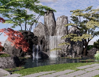 假山水景 小桥石桥 园林景观水池 假山跌水瀑布 庭园景观石头组合