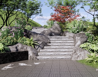 台阶景观 景观石阶 景观植物组团 庭园假山置石 苔藓石 红枫