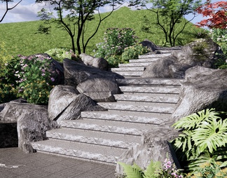 台阶景观 景观石阶 景观植物组团 庭园假山置石 苔藓石 红枫