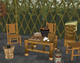 乡村庭院 围炉煮茶 竹林户外茶馆 茶具 竹编桌椅 食盒 干果