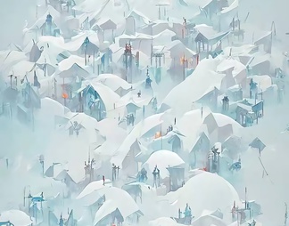 雪山村落手绘装饰画贴图