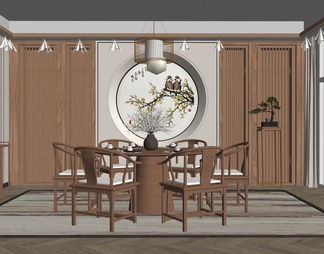 餐厅包厢 圆形餐桌椅 吊灯 墙饰挂画 梅花主题餐厅